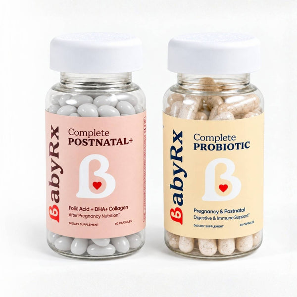 BabyRx Postnatal 360 Bundle vitamins bottle for postpartum recovery and breastfeeding and digestion with Folate 5-MTHF, DHA, Choline, Collagen and probiotic for optimal postnatal health.