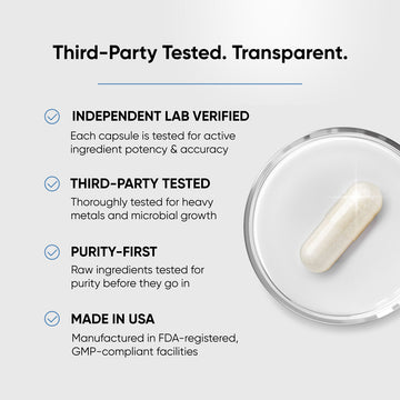 BabyRx pill on a clear dish, showcasing independent lab verification and third-party tested for purity, made in USA