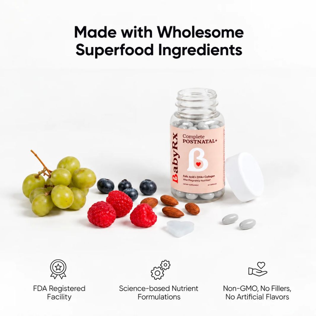 A bottle of Babytx Complete Postnatal+ capsules with its cap off, surrounded by whole food ingredients including green grapes, raspberries, blueberries, almonds, and a heart-shaped supplement piece, on a white background with marketing text and feature icons.