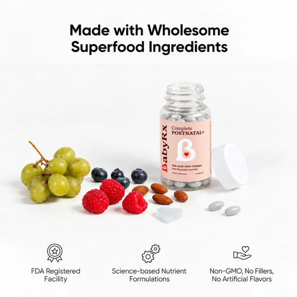 A bottle of Babytx Complete Postnatal+ capsules with its cap off, surrounded by whole food ingredients including green grapes, raspberries, blueberries, almonds, and a heart-shaped supplement piece, on a white background with marketing text and feature icons.