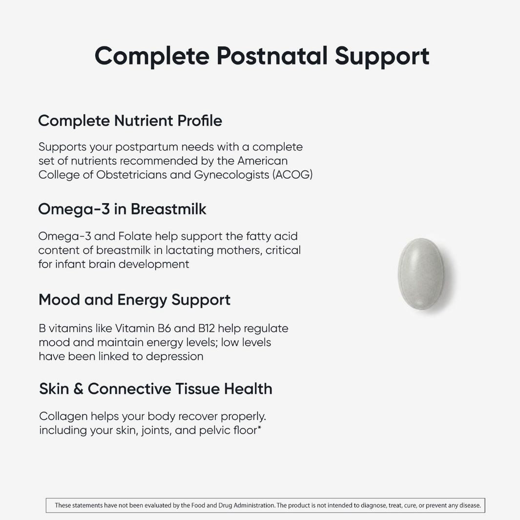 Explanation of benefits of the 'Complete Postnatal Support' supplement, including about breastmilk nutrition, mood and energy support, and skin and connective tissue health. A small white capsule is shown on the right side.