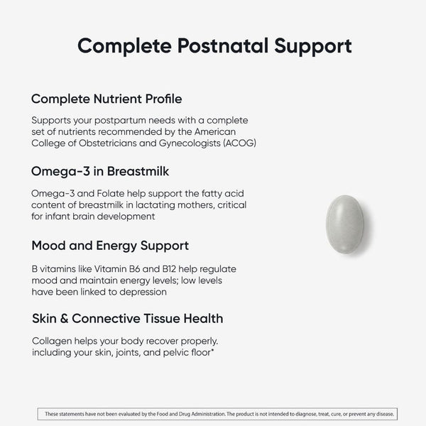 Explanation of benefits of the 'Complete Postnatal Support' supplement, including about breastmilk nutrition, mood and energy support, and skin and connective tissue health. A small white capsule is shown on the right side.