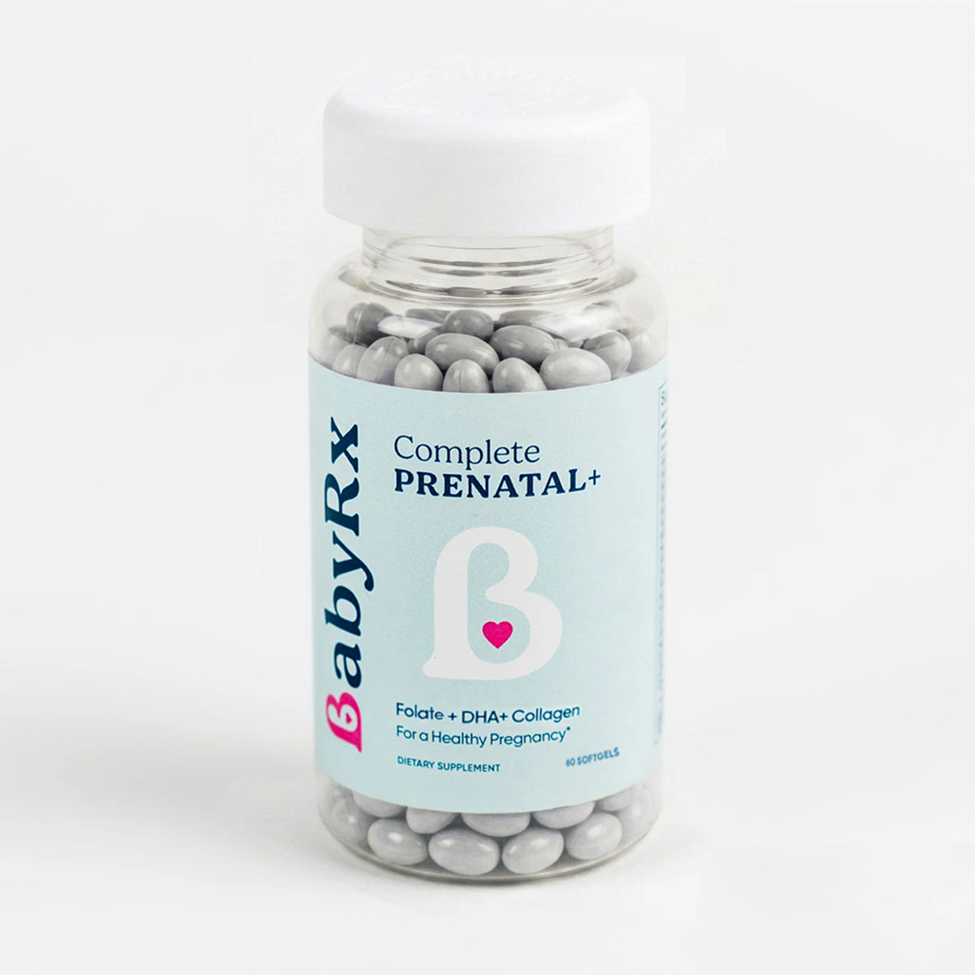 BabyRx Complete Prenatal+ vitamins bottle for pregnancy with Folate 5-MTHF, DHA, Choline and Collagen for optimal prenatal health