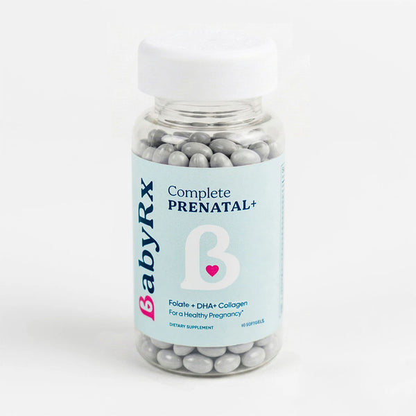 BabyRx Complete Prenatal+ vitamins bottle for pregnancy with Folate 5-MTHF, DHA, Choline and Collagen for optimal prenatal health