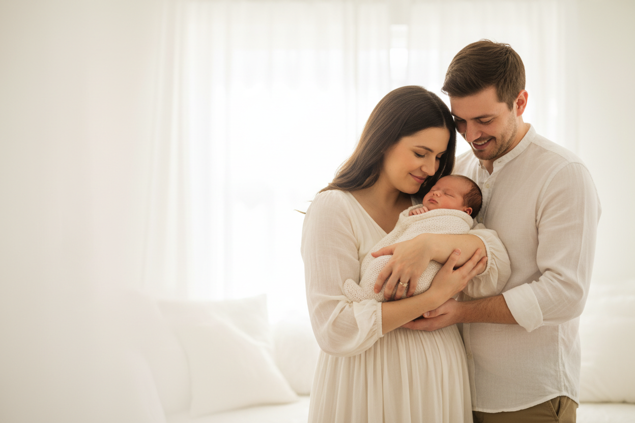 create an authentic but light-background picture of a couple holding an infant with couple on the right side (so the middle-aligned text doesn't block it)