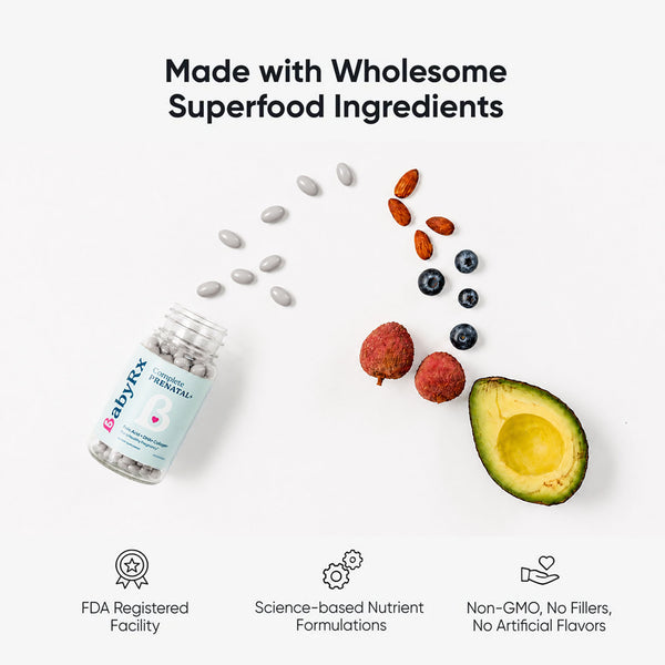 BabyRx Complete Prenatal+ vitamins bottle with capsules, showing Non-GMO, No fillers, no artificial, wholesome ingredients, science-backed formula.