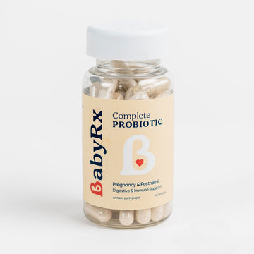 BabyRx Complete Probiotic bottle for Pregnancy, Postnatal & Fertility support, 30 capsules, digestive & immune health, vitamin absorption.