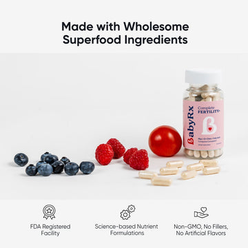 BabyRx Fertility Support for Women bottle with capsules, showing Non-GMO, No fillers, no artificial, wholesome ingredients.