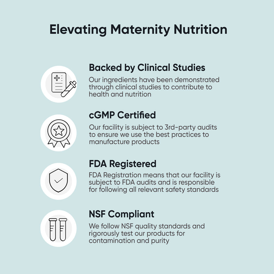 Elevating Maternity Nutrition. Backed by Clinical Studies, cGMP Certified, FDA Registered, NSF Compliant.