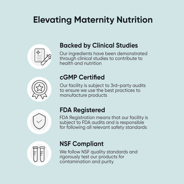 Elevating Maternity Nutrition. Backed by Clinical Studies, cGMP Certified, FDA Registered, NSF Compliant.
