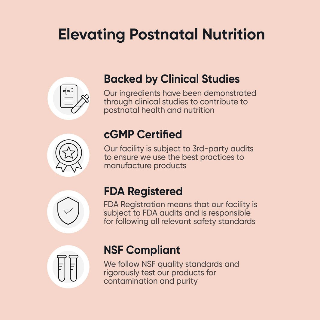 BabyRx Complete Postnatal+ vitamins product benefits: Backed by Clinical Studies, cGMP Certified, FDA Registered, NSF Compliant