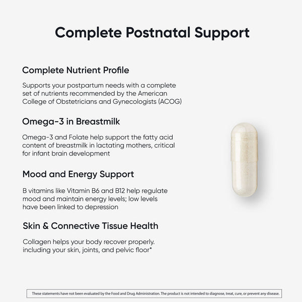 Complete Postnatal+ vitamin capsule on white background with text describing benefits for complete set of nutrients recommended by OBGYNs, breastmilk, mood, energy, skin & pelvic floor health
