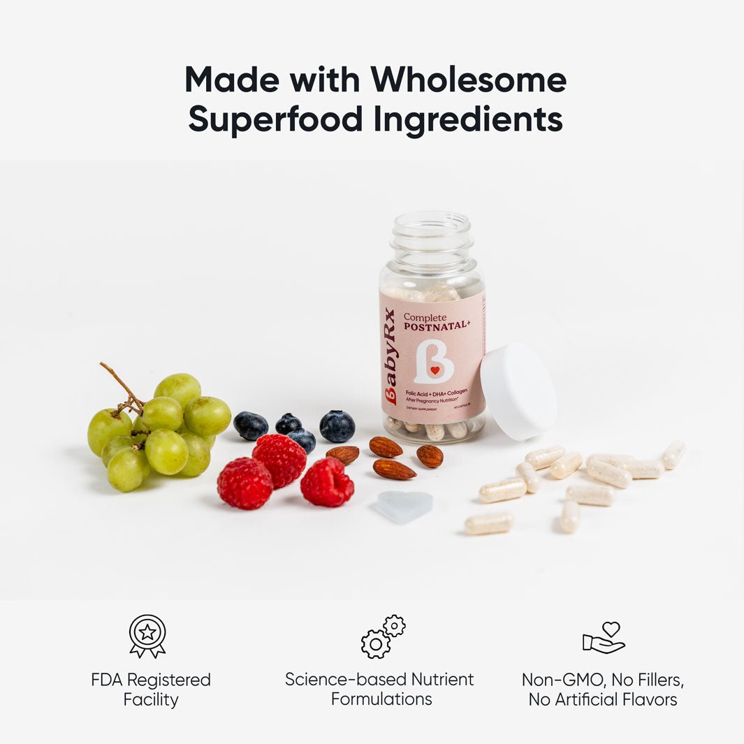 BabyRx Complete Postnatal+ vitamins bottle with capsules, showing Non-GMO, No fillers, no artificial, wholesome ingredients, science-backed formula.