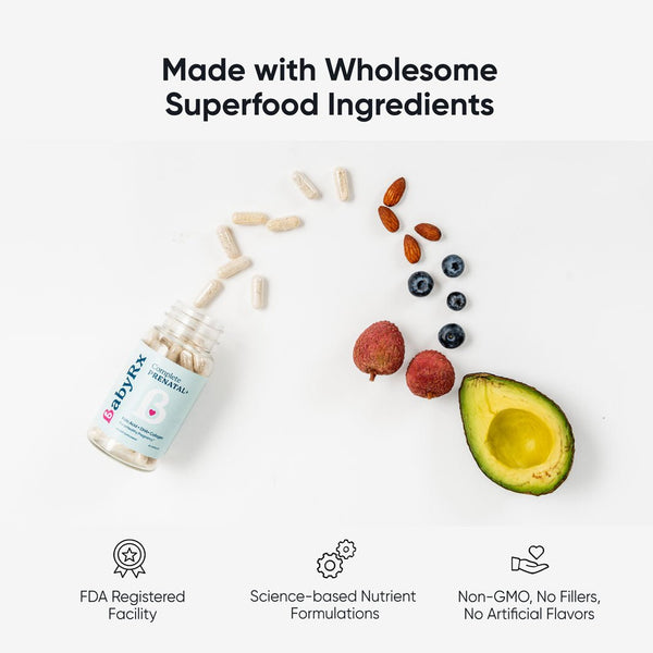 BabyRx Complete Prenatal+ and Fertility for Women bottle with capsules, showing Non-GMO, No fillers, no artificial, wholesome ingredients, science-backed formula.