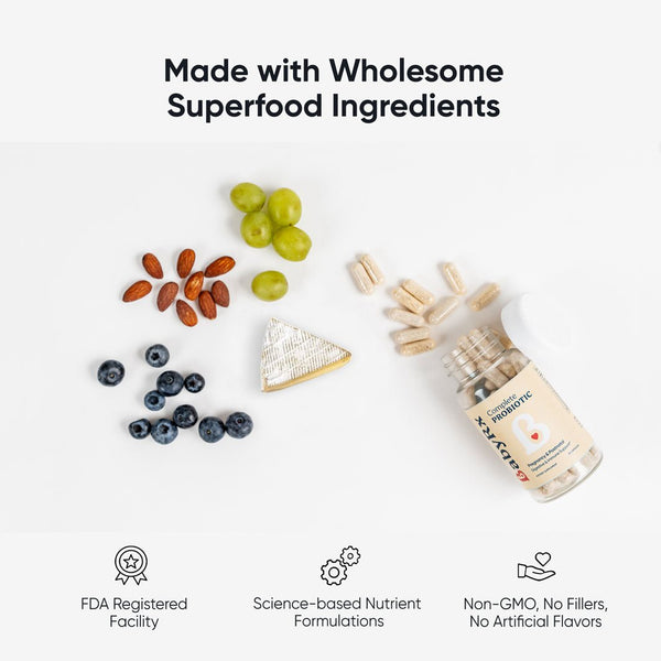 BabyRx Complete Probiotic capsules highlighting wholesome superfood ingredients, non-GMO, no fillers, no artificial flavors, and science-backed formula.