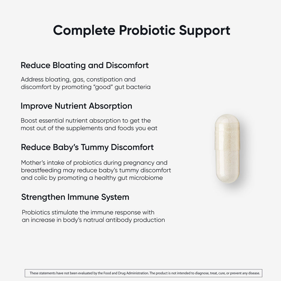 Probiotic capsule next to text describing benefits: reduces bloating, improves nutrient absorption, lessens baby's tummy discomfort and colic, and strengthens immune system.