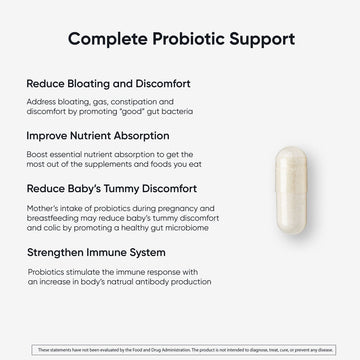 Probiotic capsule next to text describing benefits: reduces bloating, improves nutrient absorption, lessens baby's tummy discomfort and colic, and strengthens immune system.