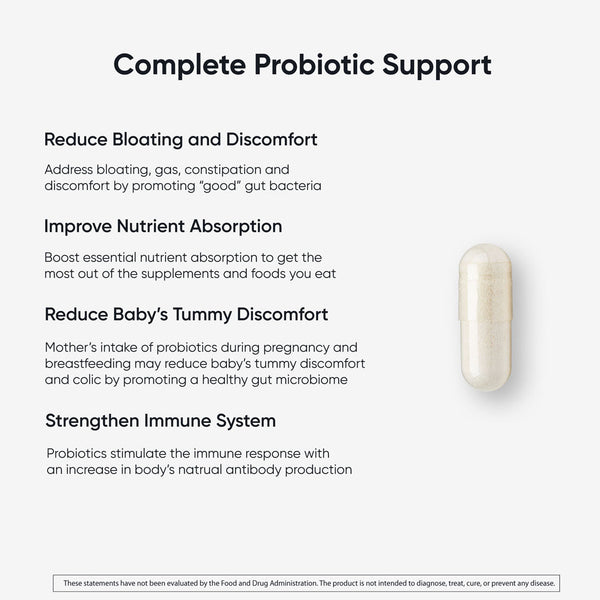 Probiotic capsule next to text describing benefits: reduces bloating, improves nutrient absorption, lessens baby's tummy discomfort and colic, and strengthens immune system.